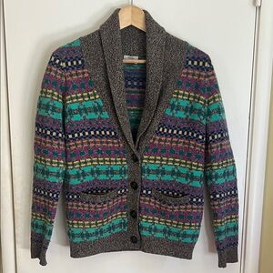 Multicolor Modern Fair Isle Patterned Shawl Collar Wool Sweater grey multicolor